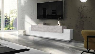 Meuble TV Arold, Buffet bas de salon, Base pour meuble TV, 100% Made in Italy, 200x45h52 cm, Blanc brillant et ciment