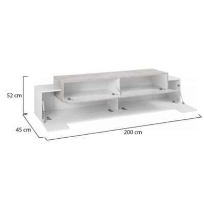 Meuble TV Arold, Buffet bas de salon, Base pour meuble TV, 100% Made in Italy, 200x45h52 cm, Blanc brillant et ciment