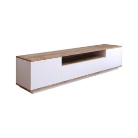 Meuble TV Asellina, Buffet de salon, Armoire basse pour TV, Base murale de rangement, 180x45h45 cm, Chêne et Blanc