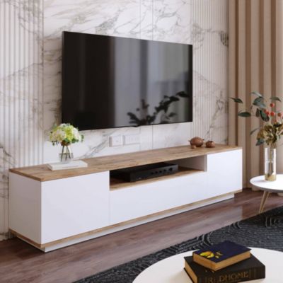 Meuble TV Asellina, Buffet de salon, Armoire basse pour TV, Base murale de rangement, 180x45h45 cm, Chêne et Blanc