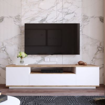 Meuble TV Asellina, Buffet de salon, Armoire basse pour TV, Base murale de rangement, 180x45h45 cm, Chêne et Blanc