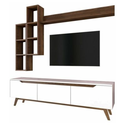 Meuble TV Atax, Buffet de salon, Armoire basse pour TV, Base murale de rangement, 180x35h49 cm, Blanc et Noyer