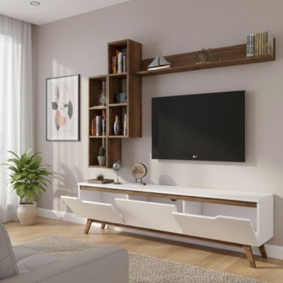 Meuble TV Atax, Buffet de salon, Armoire basse pour TV, Base murale de rangement, 180x35h49 cm, Blanc et Noyer