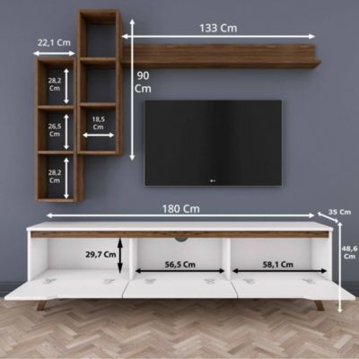 Meuble TV Atax, Buffet de salon, Armoire basse pour TV, Base murale de rangement, 180x35h49 cm, Blanc et Noyer
