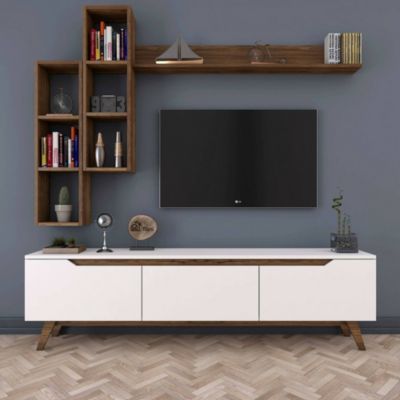 Meuble TV Atax, Buffet de salon, Armoire basse pour TV, Base murale de rangement, 180x35h49 cm, Blanc et Noyer