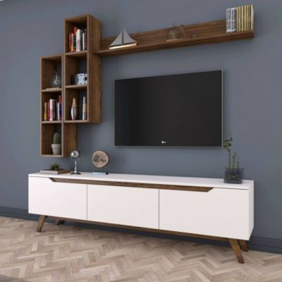 Meuble TV Atax, Buffet de salon, Armoire basse pour TV, Base murale de rangement, 180x35h49 cm, Blanc et Noyer
