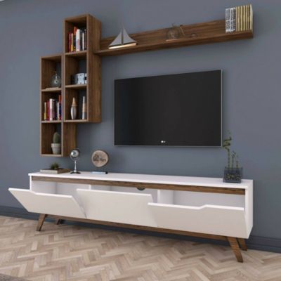 Meuble TV Atax, Buffet de salon, Armoire basse pour TV, Base murale de rangement, 180x35h49 cm, Blanc et Noyer