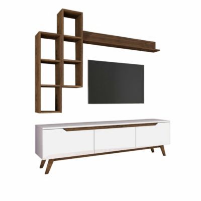 Meuble TV Atax, Buffet de salon, Armoire basse pour TV, Base murale de rangement, 180x35h49 cm, Blanc et Noyer