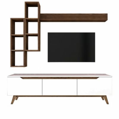 Meuble TV Atax, Buffet de salon, Armoire basse pour TV, Base murale de rangement, 180x35h49 cm, Blanc et Noyer