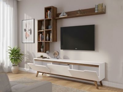 Meuble TV Atax, Buffet de salon, Armoire basse pour TV, Base murale de rangement, 180x35h49 cm, Blanc et Noyer