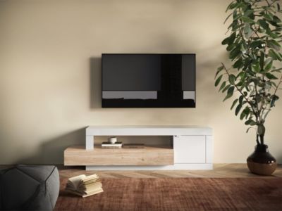 Meuble TV avec 1 porte, 1 tiroir et 1 niche - Naturel clair et Blanc - RUSELO