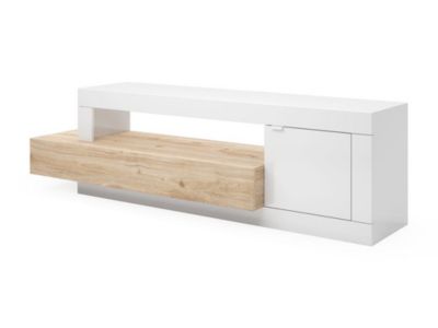 Meuble TV avec 1 porte, 1 tiroir et 1 niche - Naturel clair et Blanc - RUSELO