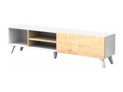 Meuble TV avec 1 porte et 3 niches - Naturel et Blanc - TAYRA