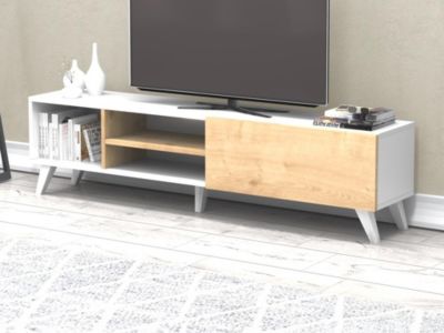 Meuble TV avec 1 porte et 3 niches - Naturel et Blanc - TAYRA