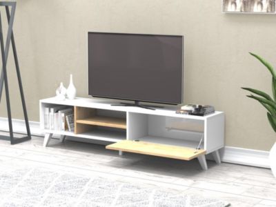 Meuble TV avec 1 porte et 3 niches - Naturel et Blanc - TAYRA