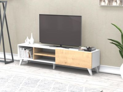 Meuble TV avec 1 porte et 3 niches - Naturel et Blanc - TAYRA