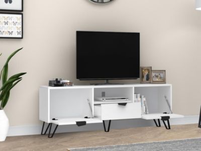 Meuble TV avec 2 portes, 1 tiroir et 1 niche - Blanc et Noir - CARDELIA