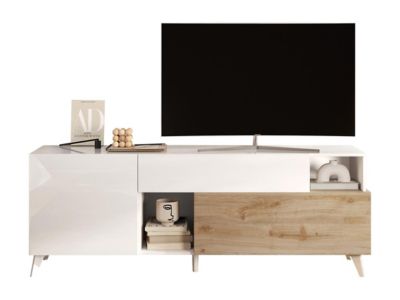 Meuble TV avec 2 portes, 1 tiroir et 2 niches - 181 cm - Blanc laqué et naturel - DONALA