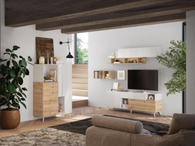 Meuble TV avec 2 portes, 1 tiroir et 2 niches - 181 cm - Blanc laqué et naturel - DONALA