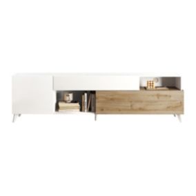 Meuble TV avec 2 portes, 1 tiroir et 2 niches - 241 cm - Blanc laqué et naturel - DONALA