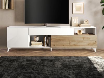 Meuble TV avec 2 portes, 1 tiroir et 2 niches - 241 cm - Blanc laqué et naturel - DONALA