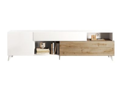 Meuble TV avec 2 portes, 1 tiroir et 2 niches - 241 cm - Blanc laqué et naturel - DONALA