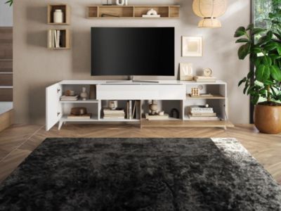 Meuble TV avec 2 portes, 1 tiroir et 2 niches - 241 cm - Blanc laqué et naturel - DONALA