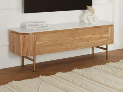 Meuble TV avec 2 portes en bois d'acacia et marbre - Naturel et blanc - BIRUNA de Maison Céphy