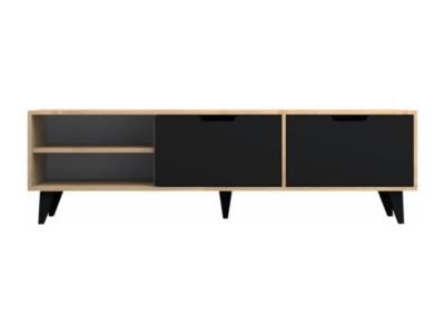 Meuble TV avec 2 portes et 2 niches - Noir et Naturel - CORENIA