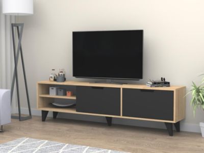 Meuble TV avec 2 portes et 2 niches - Noir et Naturel - CORENIA