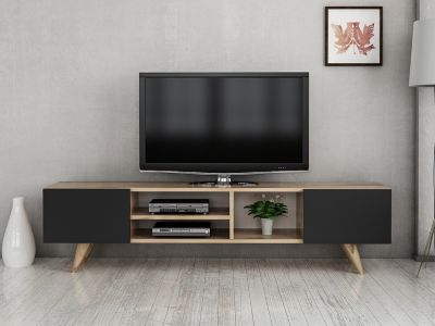 Meuble TV avec 2 portes et 3 niches - Noir et Naturel - MOSTIA