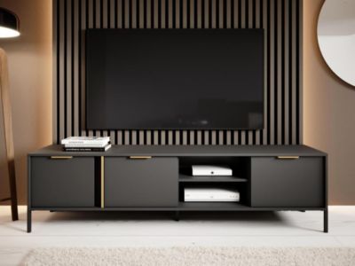 Meuble TV avec 3 portes et 2 niches - Anthracite et doré - PAVELI