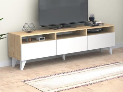 Meuble TV avec 3 portes et 3 niches - Blanc et Naturel - DEMANIA