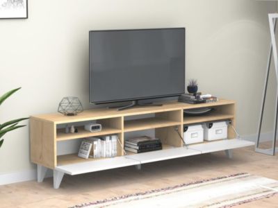 Meuble TV avec 3 portes et 3 niches - Blanc et Naturel - DEMANIA