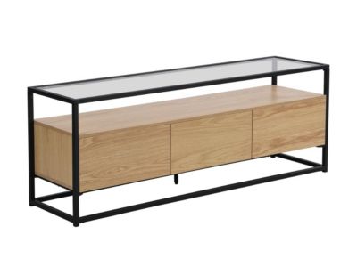 Meuble TV avec 3 tiroirs en MDF, verre trempé et métal - Naturel clair et noir - CAMATA