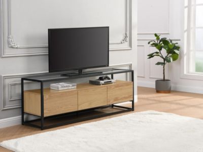 Meuble TV avec 3 tiroirs en MDF, verre trempé et métal - Naturel clair et noir - CAMATA