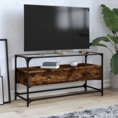 Meuble TV avec dessus en verre chêne fumé bois d'ingénierie - Prolenta Premium