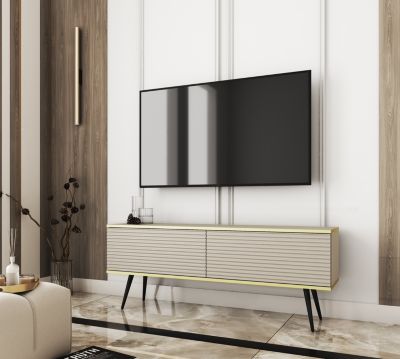 Meuble TV Avec Lamelles  Beige Avec Pieds En Noir, 135 X 53 X 32 Cm