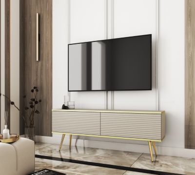 Meuble TV Avec Lamelles  Beige Avec Pieds En Or, 135 X 53 X 32 Cm