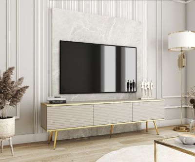 Meuble TV Avec Lamelles  Beige Avec Pieds En Or, 175 X 53 X 32 Cm