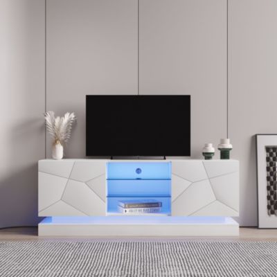 Meuble TV avec LED 16 s et Étagère en Verre Réglable - Portes Blanc Brillant - 160 x 38,5 x 60 cm - Blanc