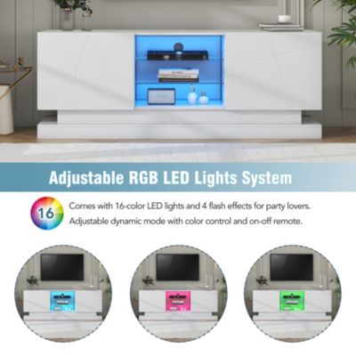 Meuble TV avec LED 16 s et Étagère en Verre Réglable - Portes Blanc Brillant - 160 x 38,5 x 60 cm - Blanc
