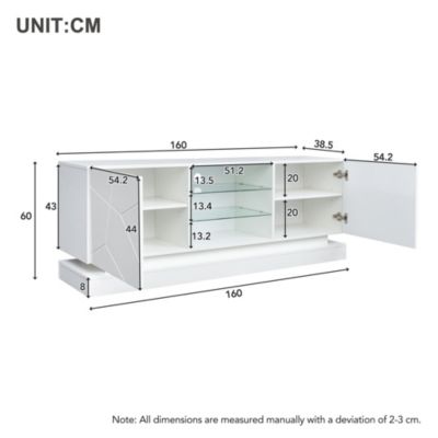 Meuble TV avec LED 16 s et Étagère en Verre Réglable - Portes Blanc Brillant - 160 x 38,5 x 60 cm - Blanc