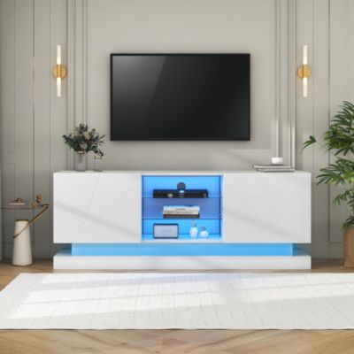Meuble TV avec LED 16 s et Étagère en Verre Réglable - Portes Blanc Brillant - 160 x 38,5 x 60 cm - Blanc