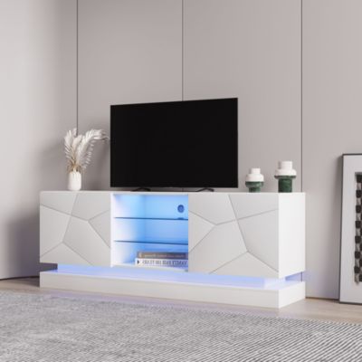 Meuble TV avec LED 16 s et Étagère en Verre Réglable - Portes Blanc Brillant - 160 x 38,5 x 60 cm - Blanc