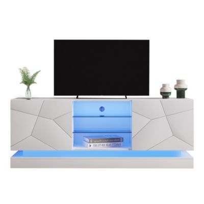 Meuble TV avec LED 16 s et Étagère en Verre Réglable - Portes Blanc Brillant - 160 x 38,5 x 60 cm - Blanc