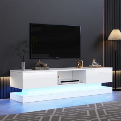 Meuble TV avec LED et 2 Tiroirs - Façades Brillantes - Panneau de Particules - 160 x 35 x 40,5 cm - Blanc