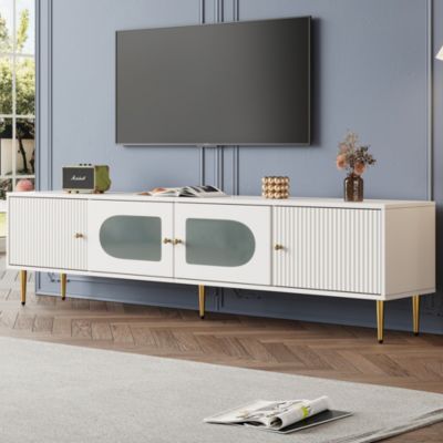 Meuble TV avec Pieds et Poignées Dorés - Banc TV Bas de Salon en Panneaux de Particules - Blanc - 170x35x50 cm