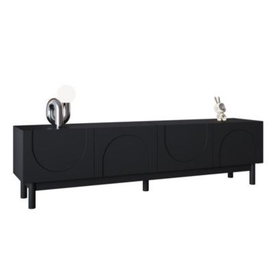 Meuble TV avec portes incurvées et ondulées, étagères et pieds stabilisateurs pour un design moderne et une grande stabilité.