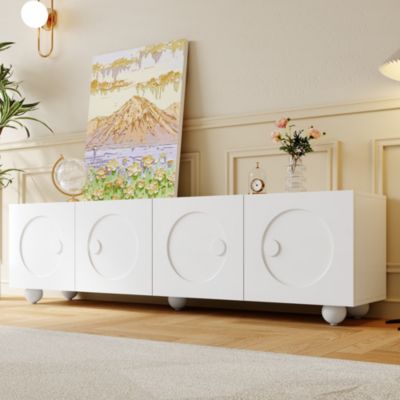 Meuble TV avec Portes à Relief 3D et Rangements Multiples, Design Minimaliste, MDF et Panneaux de Particules - 180x38x50 cm Blanc